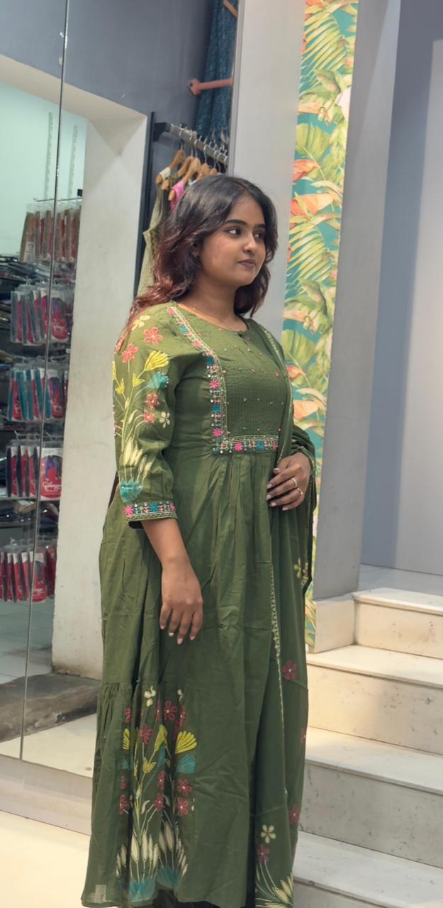 Cotton Umbrella cut Kurta sets-Mehendi