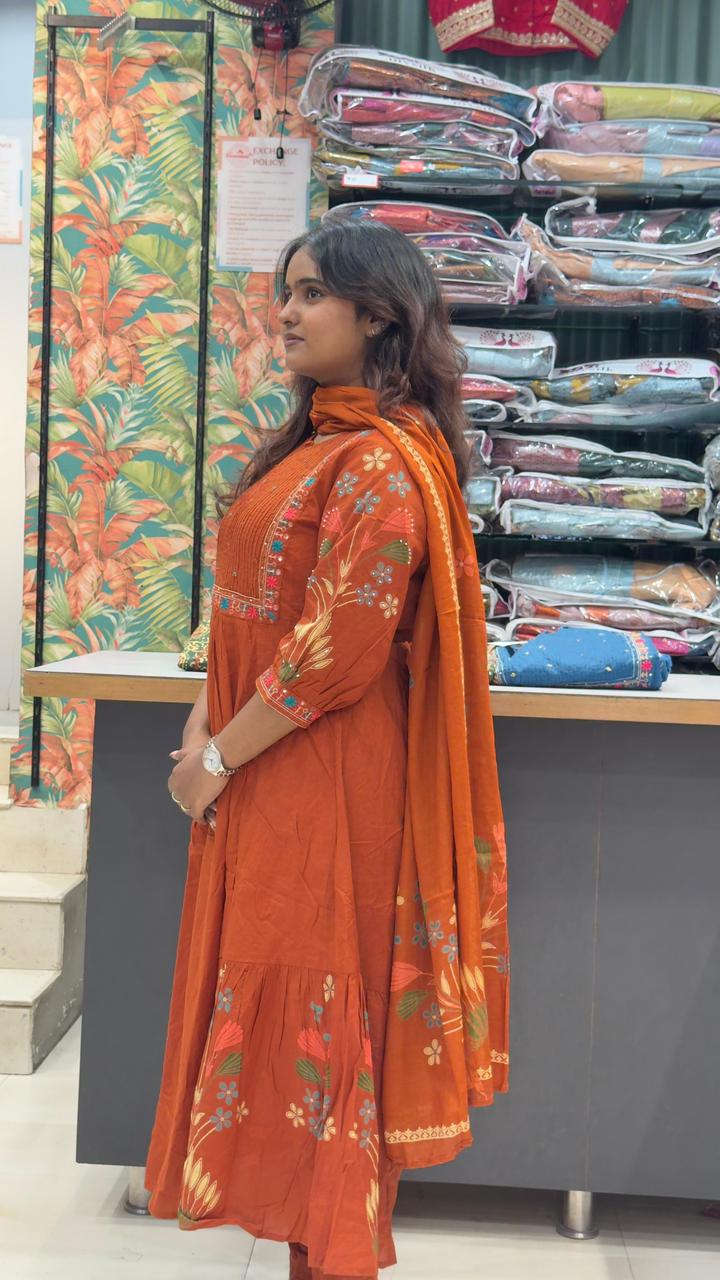 Cotton Umbrella cut Kurta sets-Rust