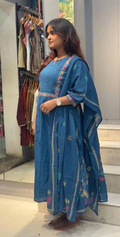 Cotton Umbrella cut Kurta sets-Blue