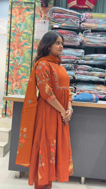 Cotton Umbrella cut Kurta sets-Rust