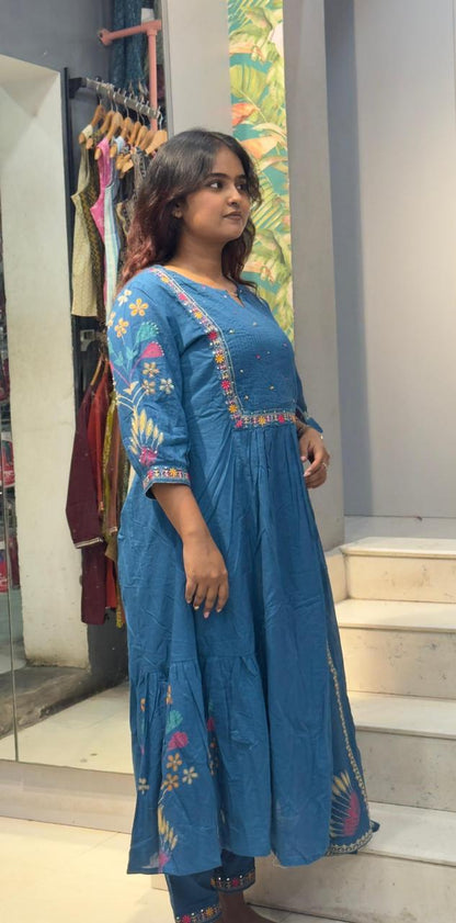 Cotton Umbrella cut Kurta sets-Blue
