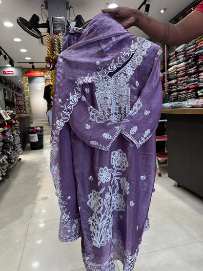 Premium white thread embroidery suit