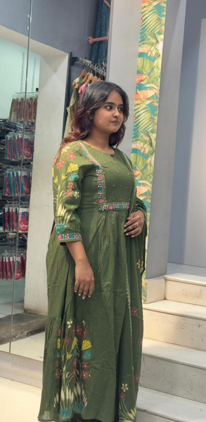 Cotton Umbrella cut Kurta sets-Mehendi