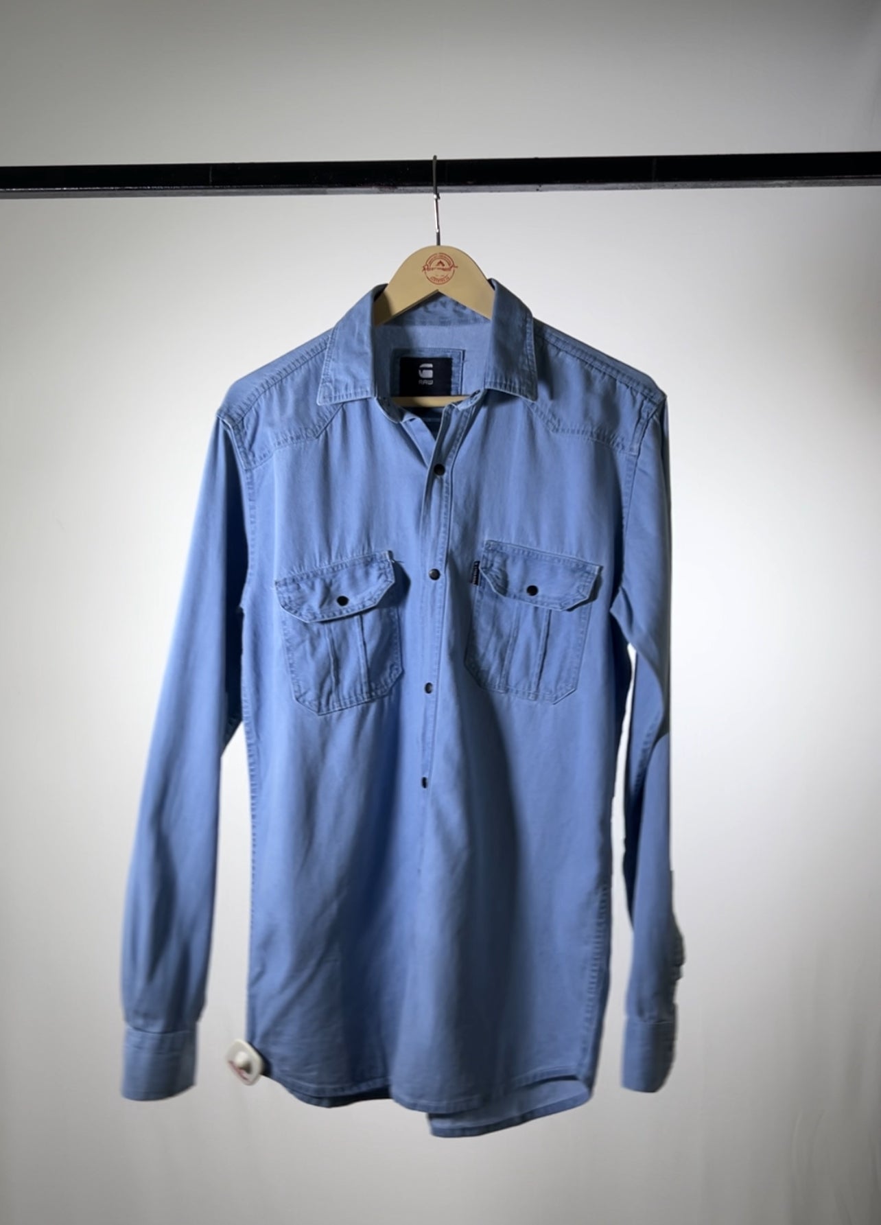 Men's Acid Wash Blue Double Chest Pocket Slim Fit Denim Shirt - JMOJO