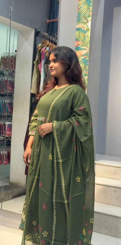 Cotton Umbrella cut Kurta sets-Mehendi