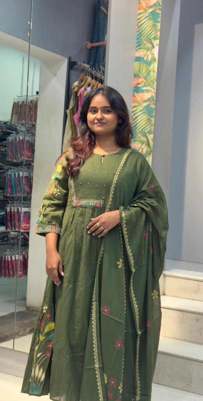 Cotton Umbrella cut Kurta sets-Mehendi