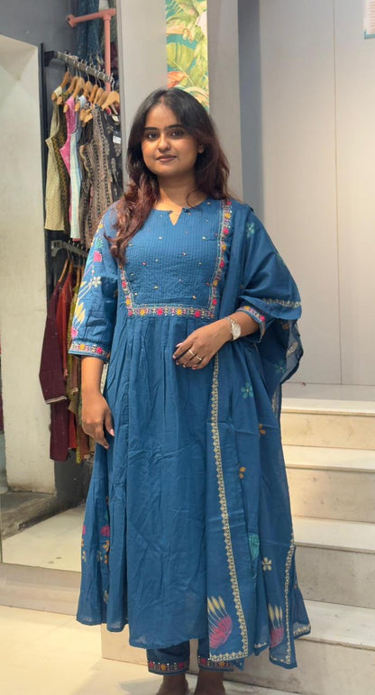 Cotton Umbrella cut Kurta sets-Blue