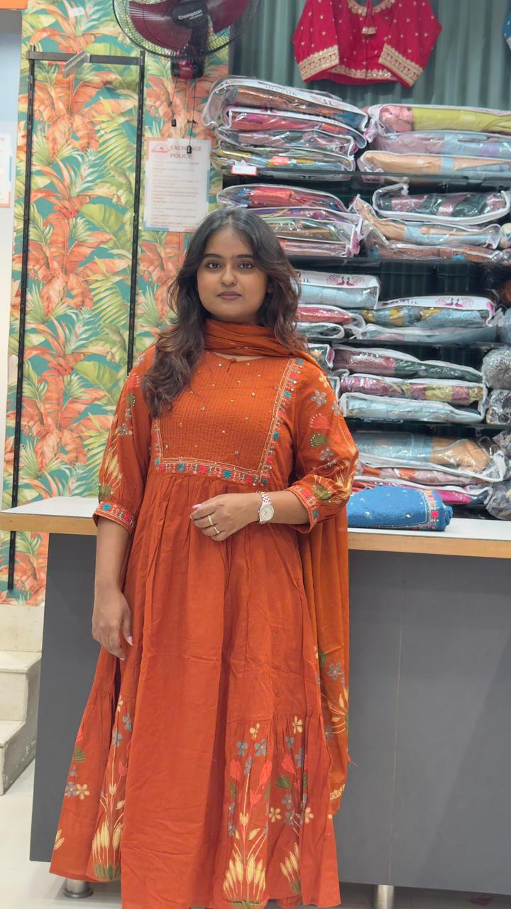 Cotton Umbrella cut Kurta sets-Rust