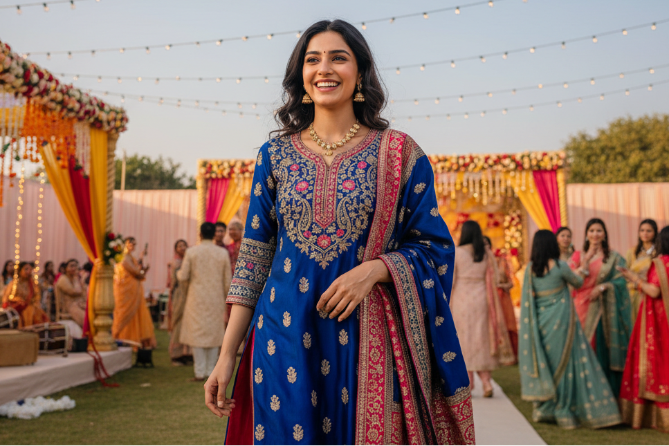 woman in her 20s smiling in Kurta Set with a wedding in the background